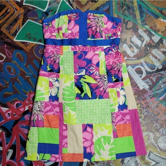 Vibrant Lilly Pulitzer Strapless Patchwork Dress - size 2 - Picture 1 of 9